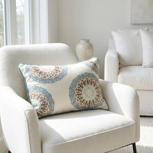 Pier 1 Medallion Lumbar Pillow Embroidered Cotton Cream Blue 18x12